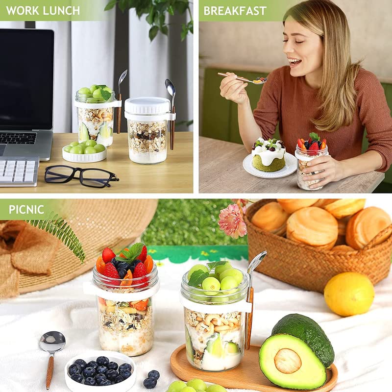 Lot De 4 Bocaux à Avoine De Nuit Avec Cuillères, Bocaux En Verre Avec Couvercles Pour Avoine, Salade, Fruits, Yaourt, Pudding, Chutney, Confiture, Bocaux Mason Réutilisables Avec Couvercles à Visser