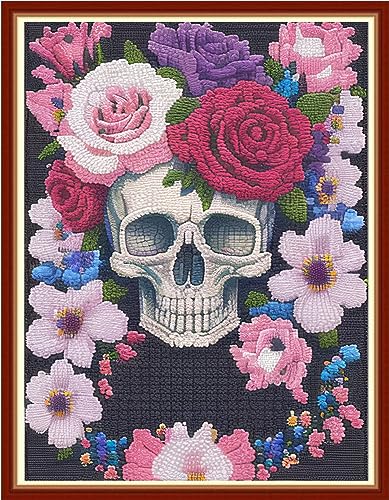 Image of Findvoor Stamped Cross Stitch Kits for Beginners Full Range of Cross Stitching Embroidery Pattern for Adults, 11CT DIY Needlepoint Embroidery Starter Kits-Flower Skeleton 15.7x19.7 inch