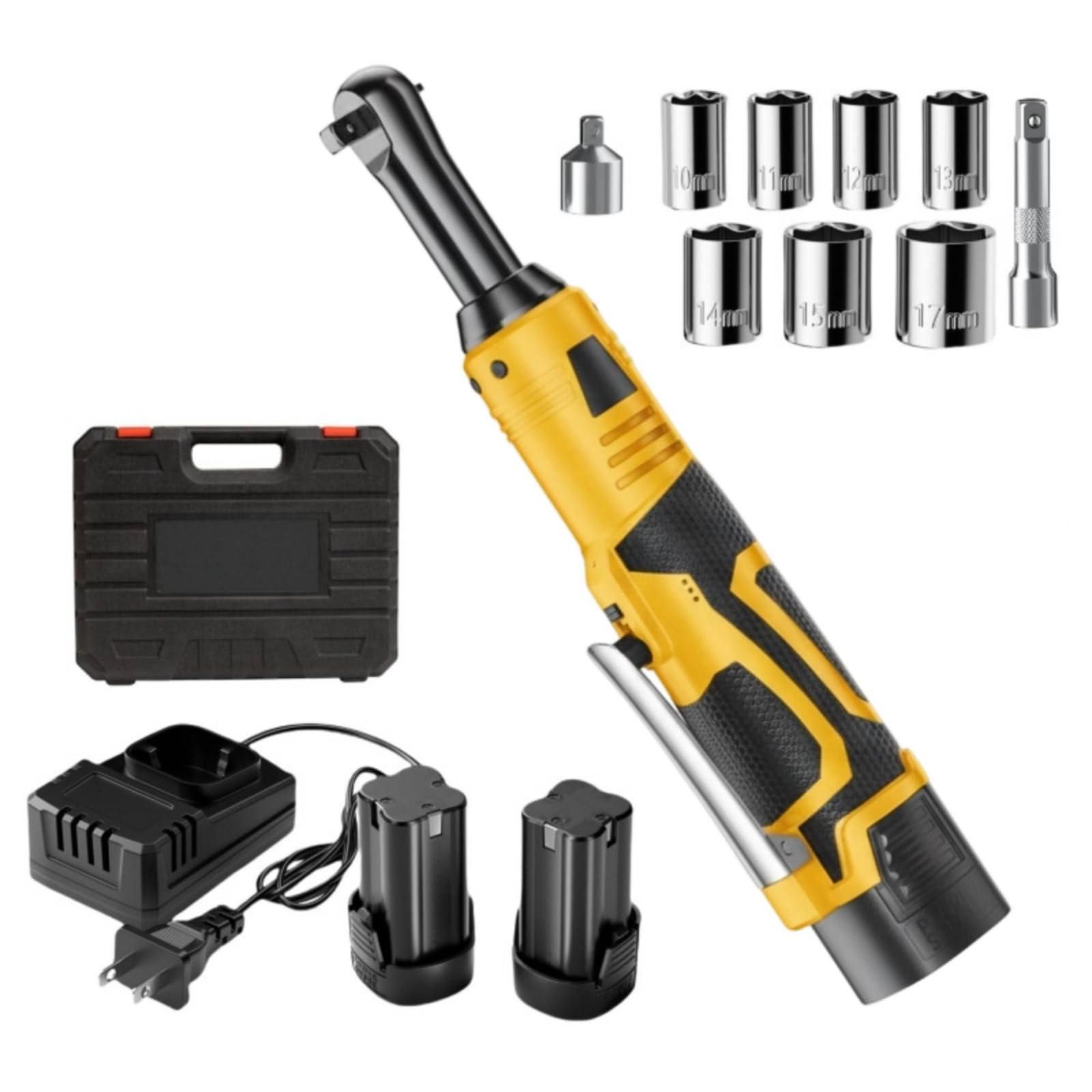 Ronyme Llave Carraca Eléctrica Inalámbrica con Cabezal Articulado para Reparación Automotriz y Proyectos Bricolaje con Estuche Transporte Rígido y Dos Baterías Litio, Amarillo