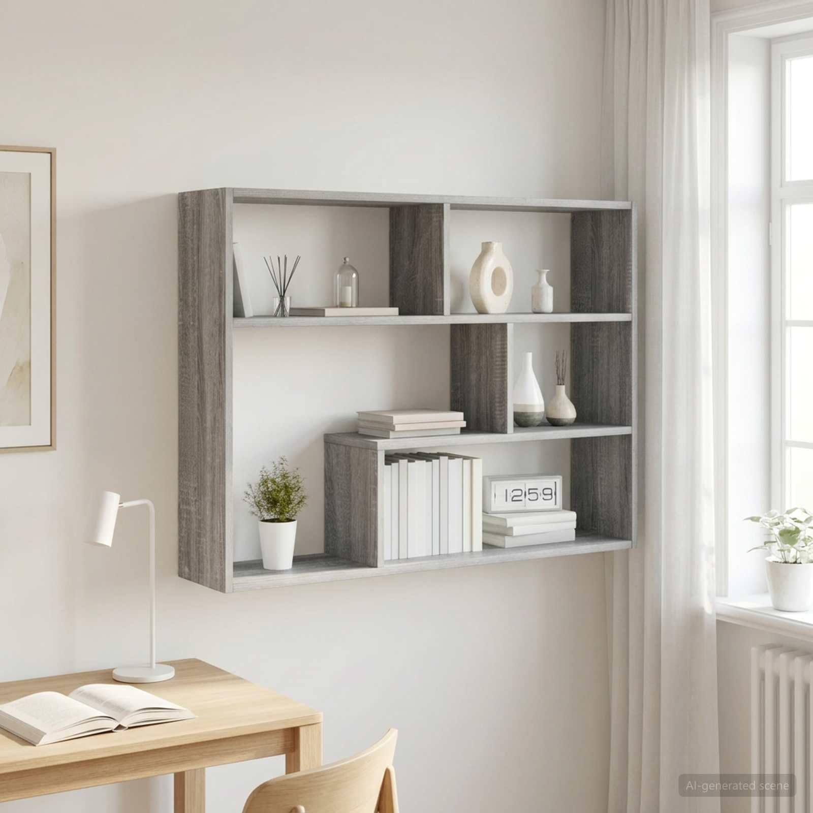 Estantería de pared gris Sonoma de madera 95 x 20 x 69,5 cm, estantería flotante para salón y cocina, sistema de pared que ahorra espacio con sistema de estanterías estable y sencillo