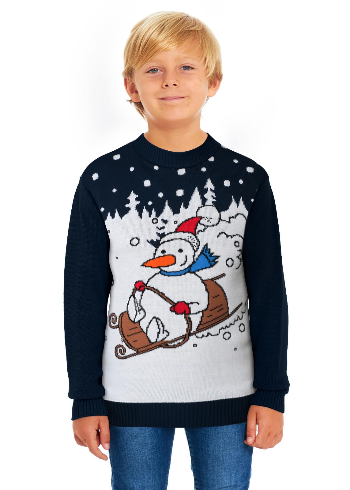 Saans247 Boys Snowman Sleigh Kids Girls Kids Children Unisex Christmas Xmas Knitted Novelty, Retro, Elf, Football Jumper Sweater