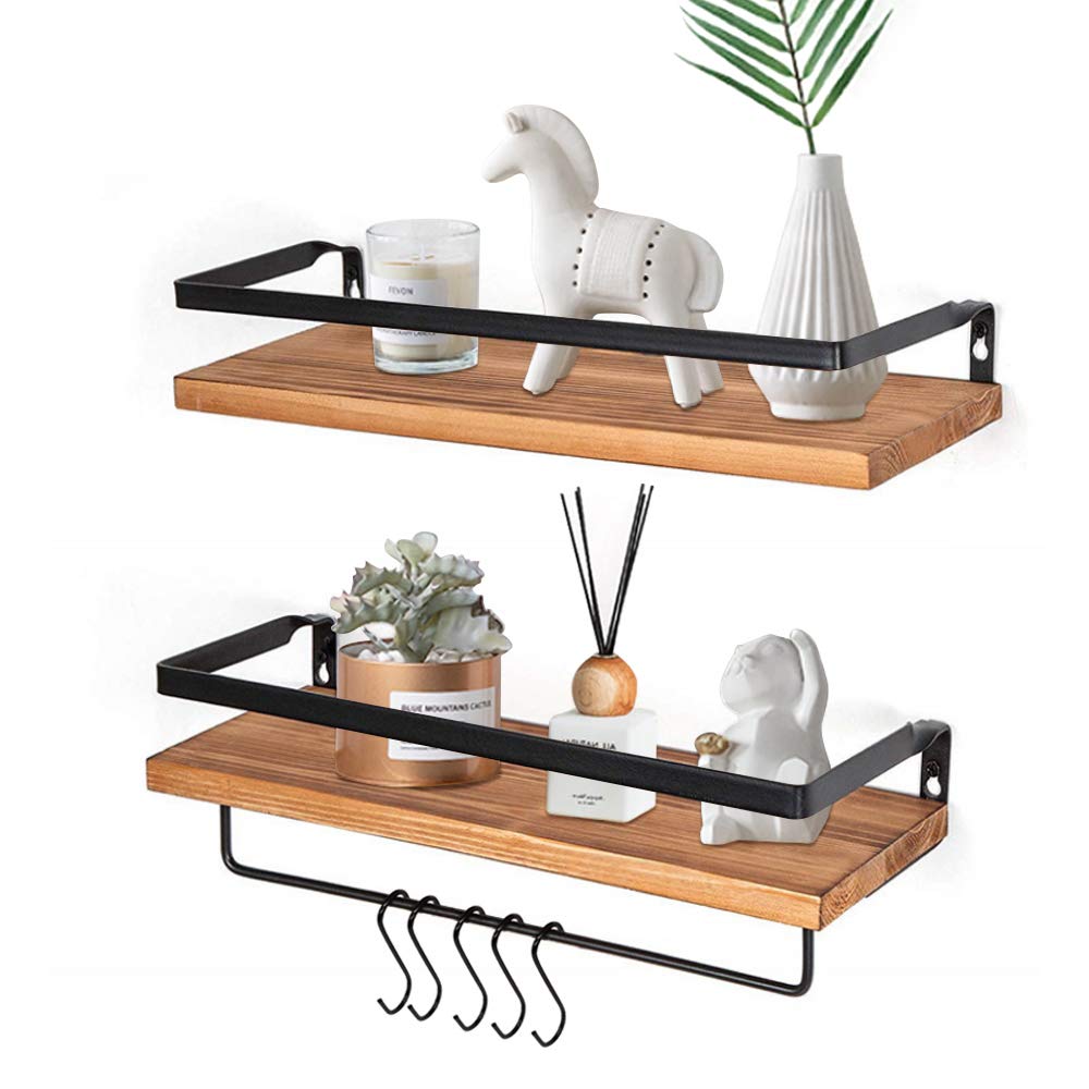 YEVIOR Floating Shelves Wall Mounted, Floating Wall Shelves with 5 Hooks, Rustic Pine Wood Floating Shelves with Removable Towel Bar, Set of 2 Floating Shelves for Bathroom, Kitchen, Bedroom