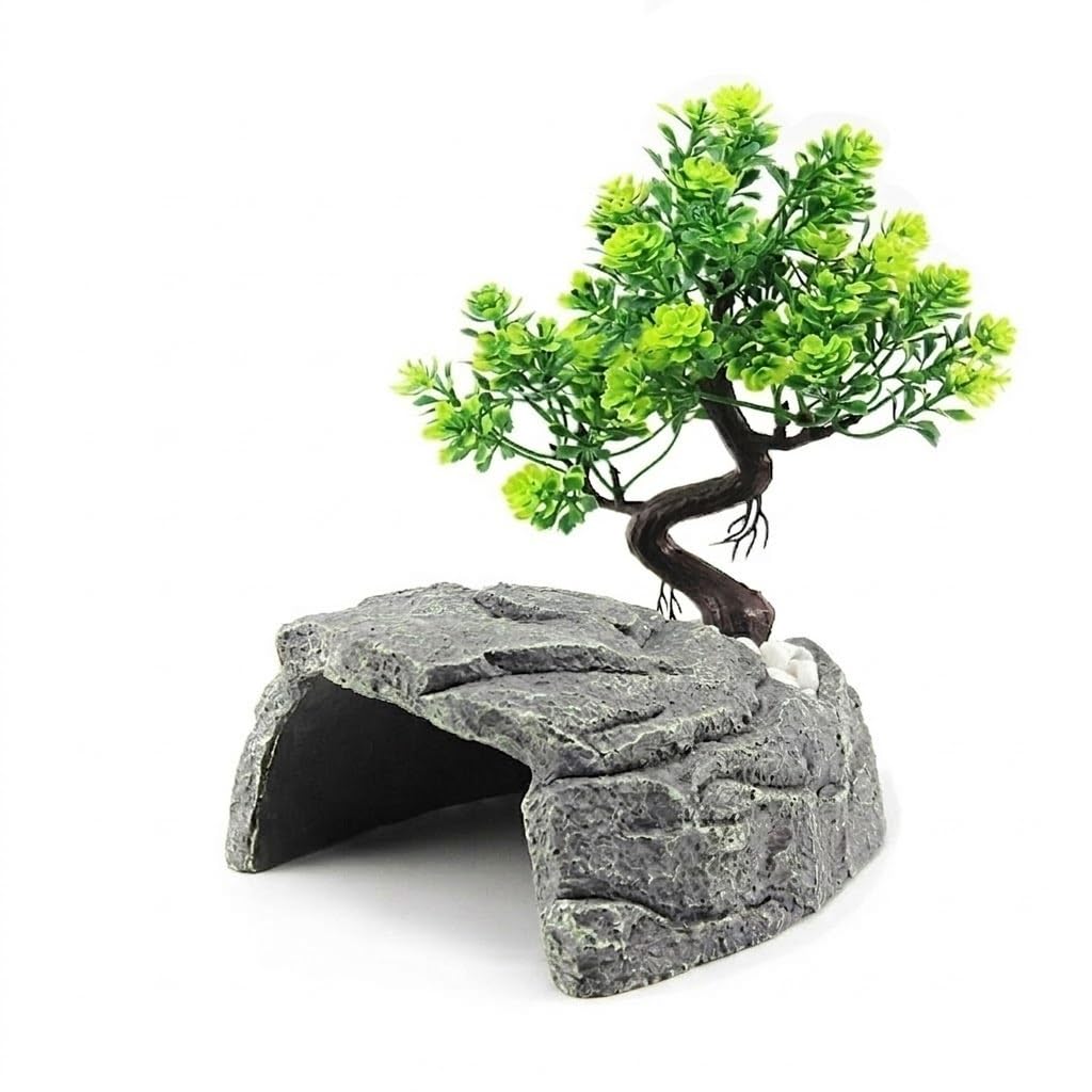 Wyvix 2Pcs Reptile Hideout Box, Basking Platform and Hide Cave, Rock for Leopard Gecko, Tortoise, Horned, Corner Fish Tank Decor(E)