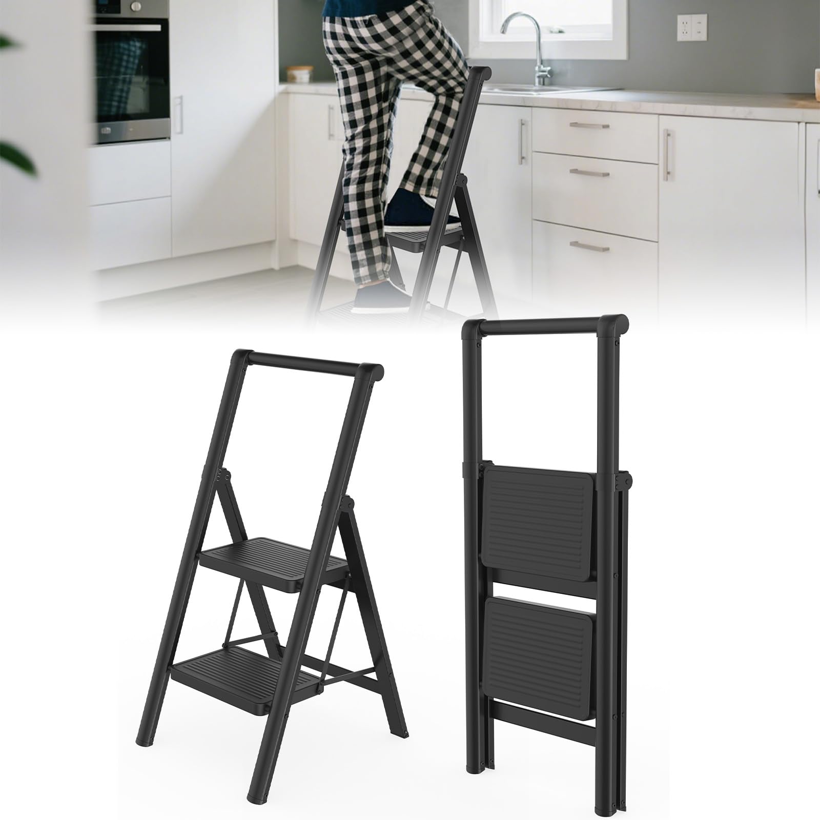 UISEBRT 2 Step Folding Ladder with Handrail, Home Ladder, Non-Slip Steps, Load up to 250 kg, Ladder for Home, Office, Kitchen, Black