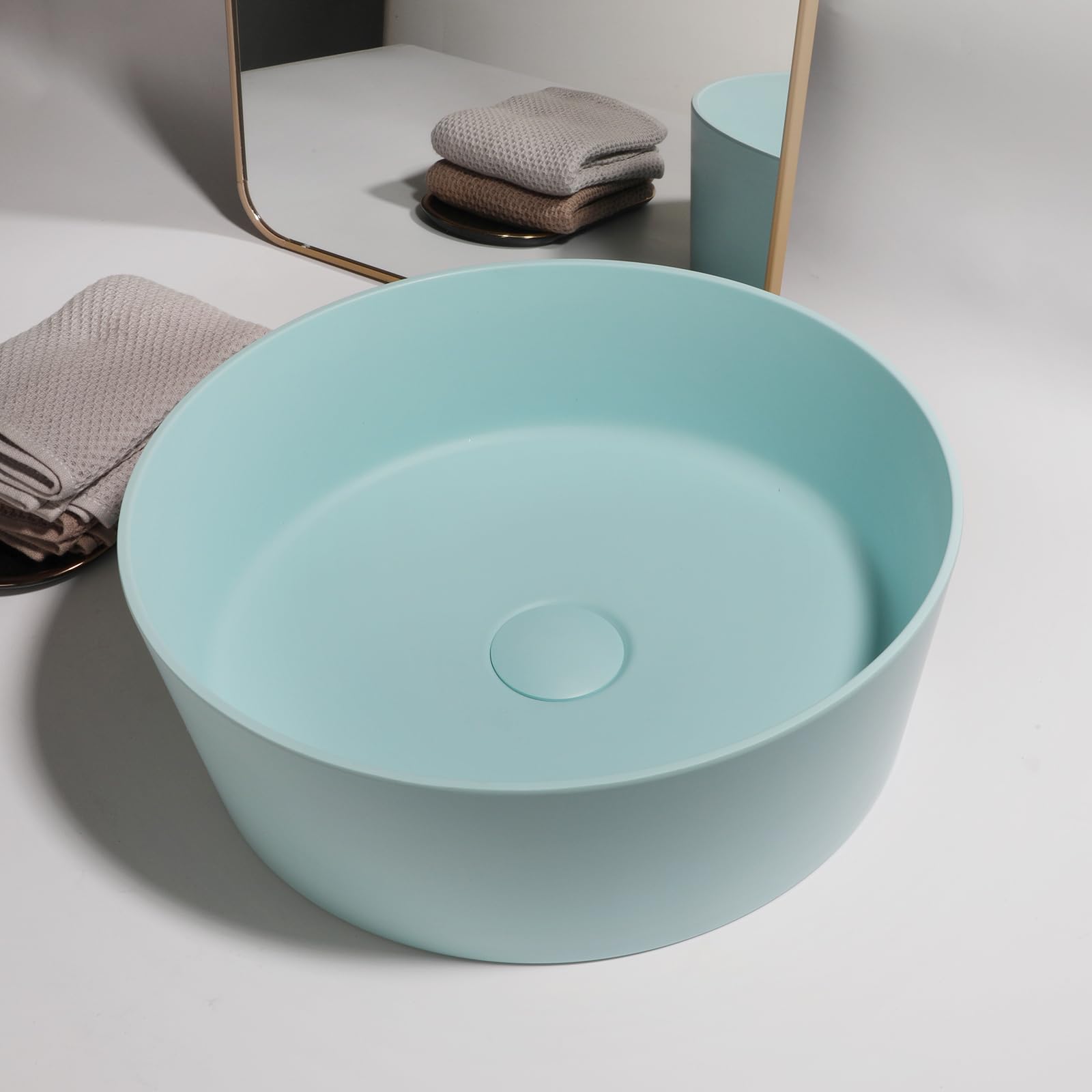 Lavabo de baño redondo azul – Lavabo de encimera de resina de piedra de 13 pulgadas con drenaje emergente, moderno lavabo de baño para el hogar y comercial