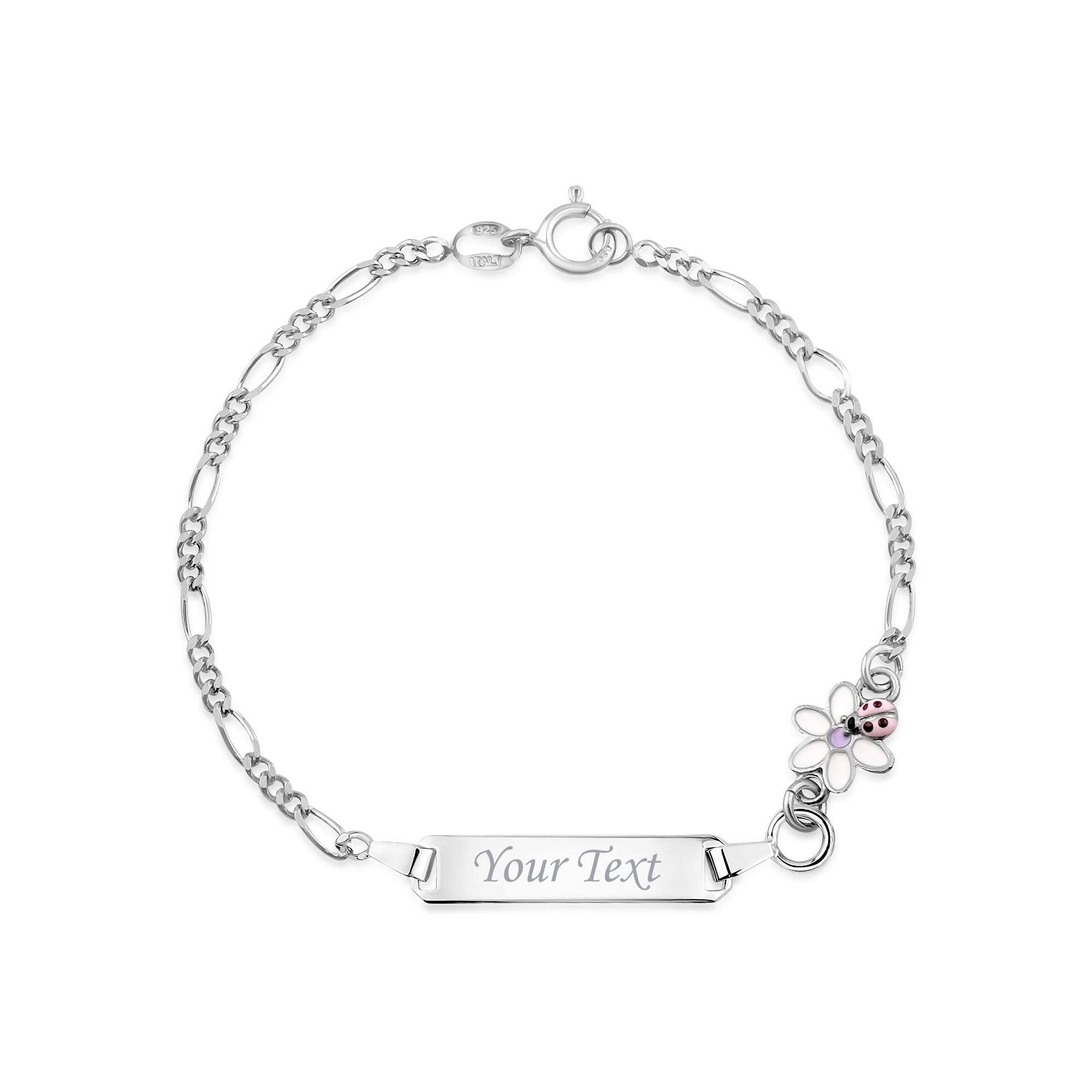 UNICORNJ Sterling Silver 925 Engravable ID Bracelet Figaro Chain for Girls Flower and Ladybug with Pink Enamel 6.5" - Engraved