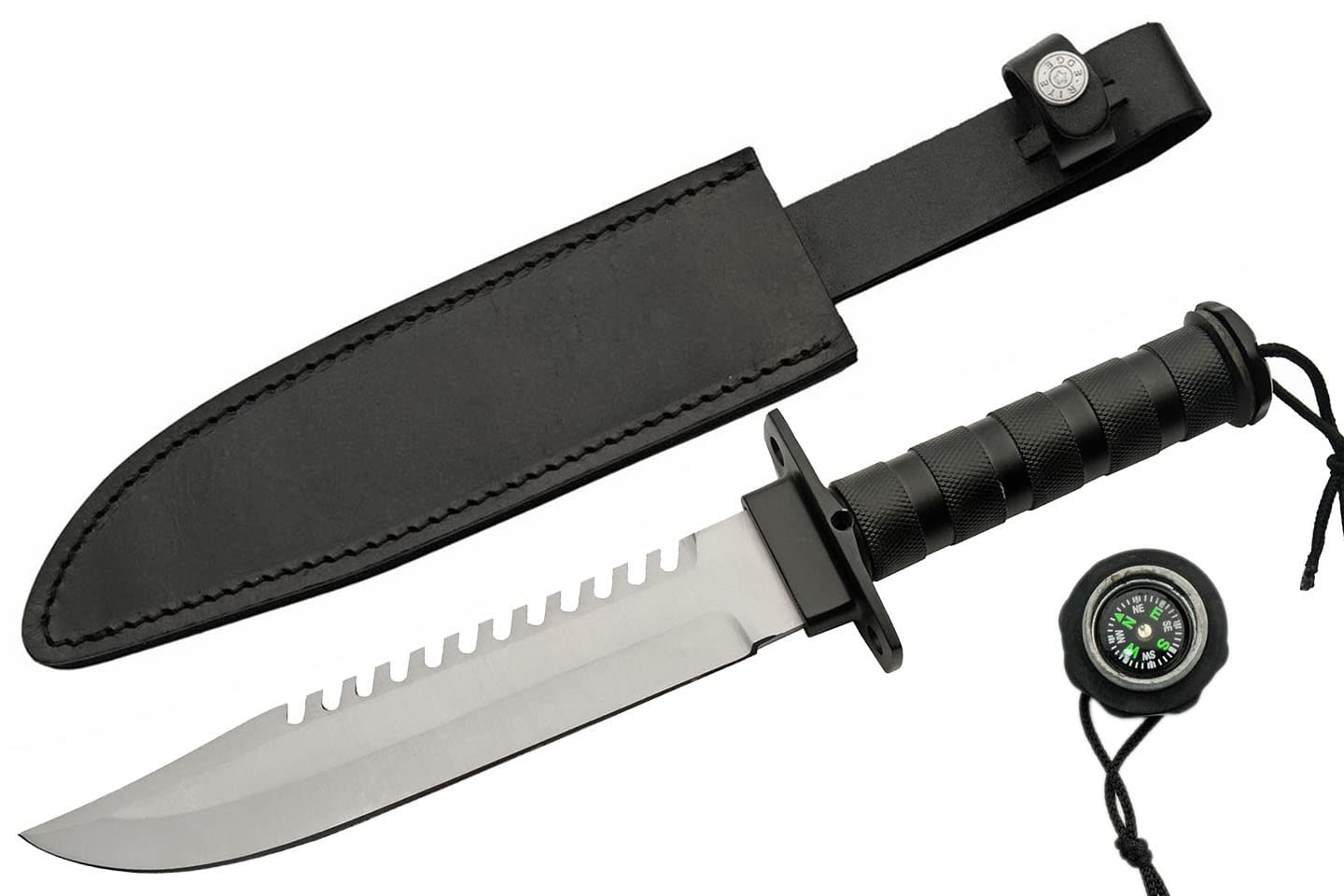 SZCO Supplies 203442-SL Steel Handle Sawback Outdoor Activity Knife with Leather Sheath, Silver, 14" Length