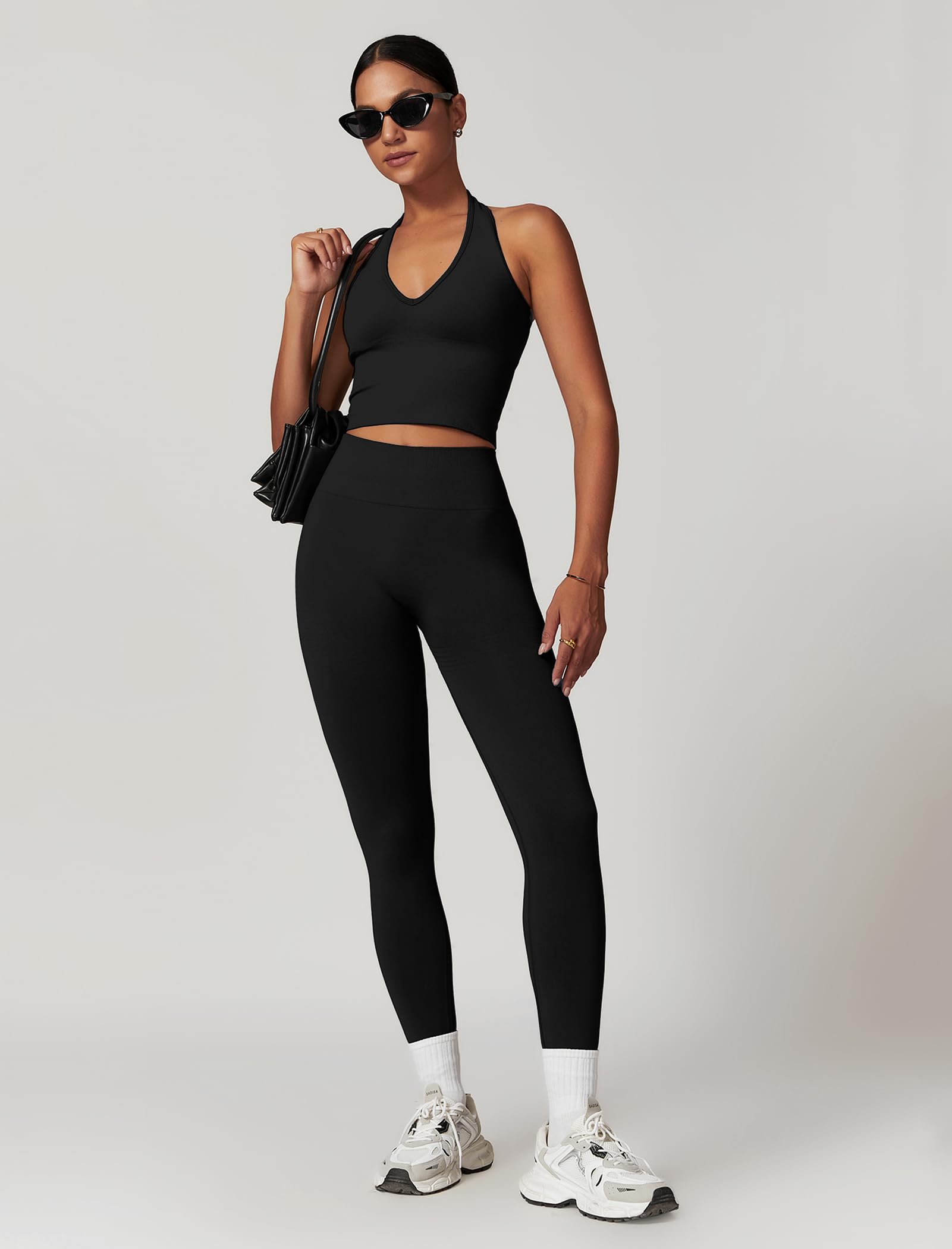Odizli Set sportivo da donna, con scollo a V, reggiseno a vita alta, leggings da palestra, fitness