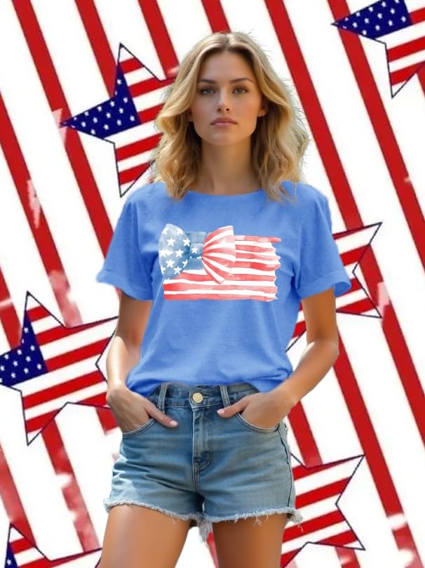 Women American Flag Patriotic T-Shirts Cute USA Bow Flag Shirts Happy 4th of July Tee Tops4