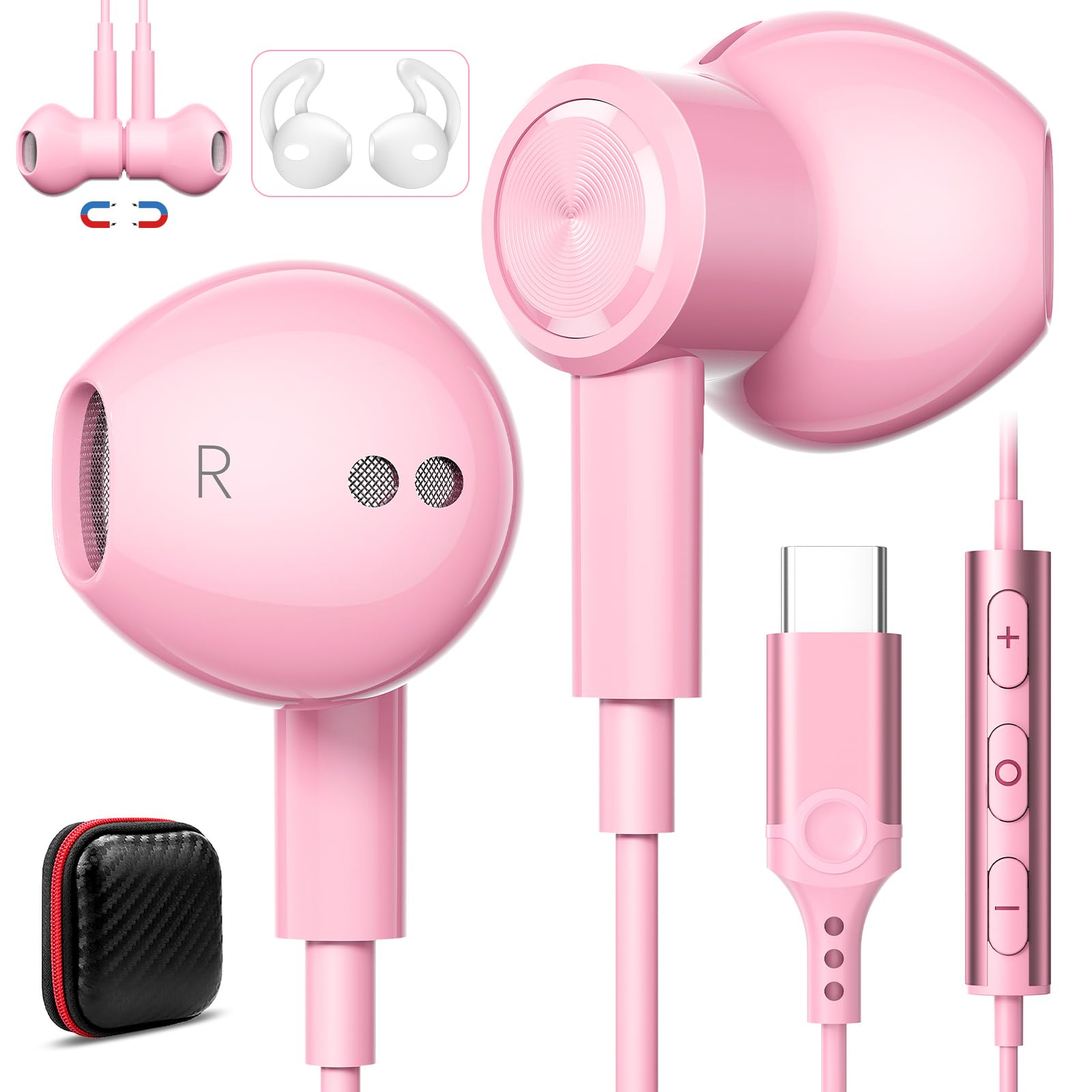 Jelanry Magnetic USB-C Wired Earbuds HiFi Stereo Headphones with Mic, Pink