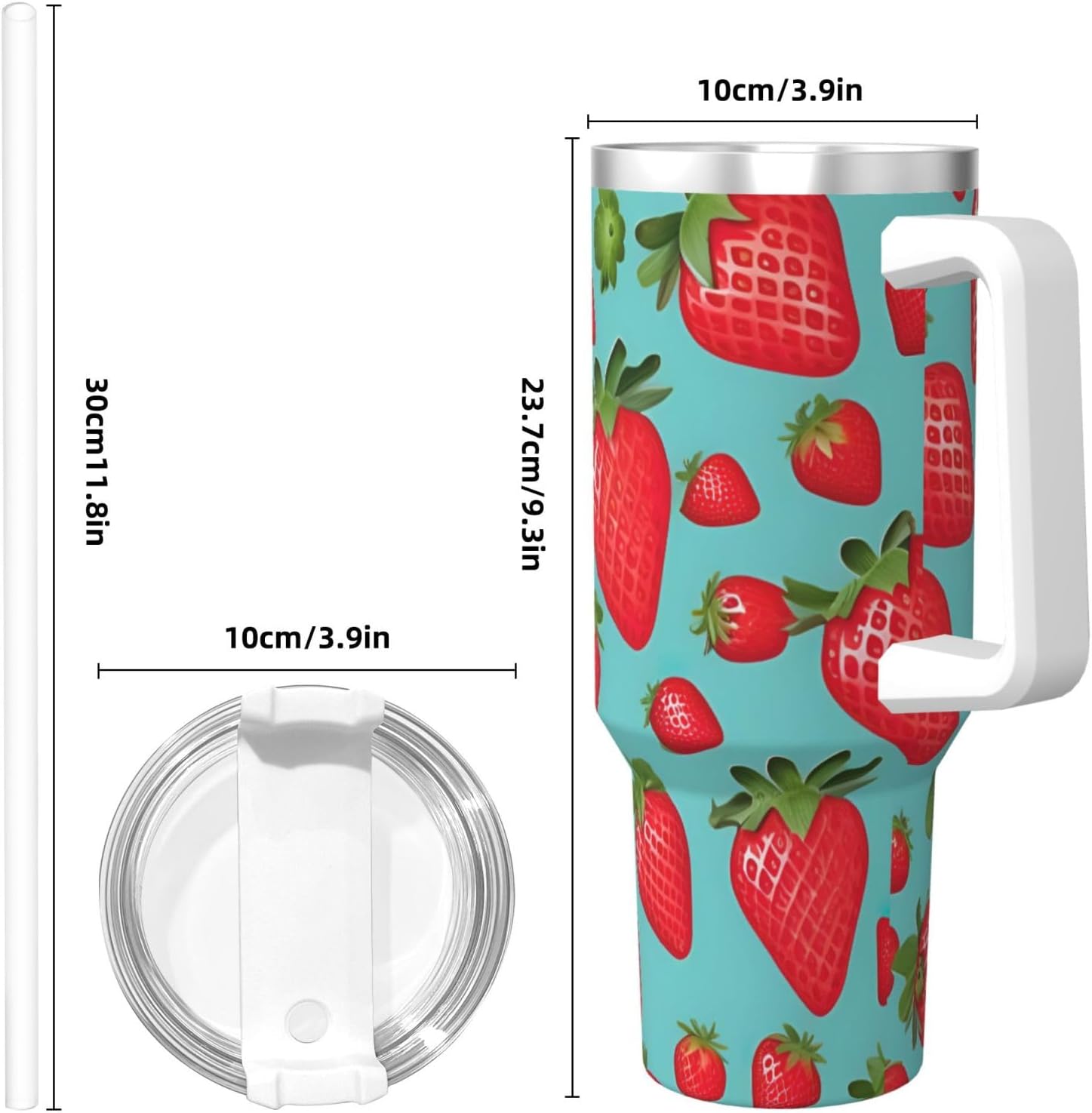 40 OZ Cute strawberry Print Ice Bully Cup with Handle Straw Lid Straw,Stainless Steel Tumbler Coffee Cup