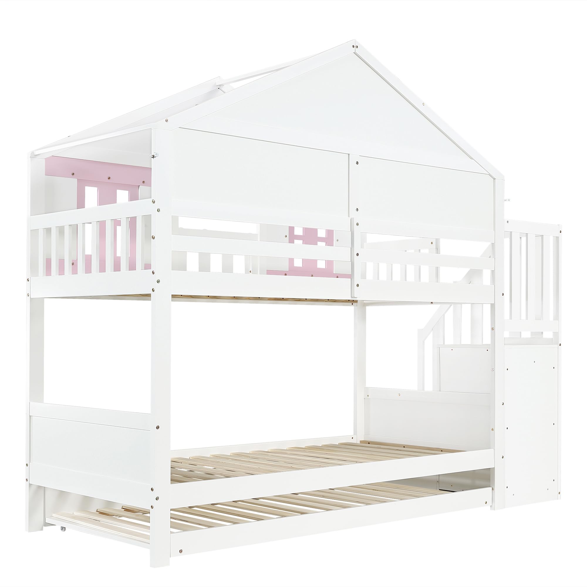 Letto a castello 90 x 200 cm, letto in legno con finestra e tetto, letto per ragazzi con letto pieghevole (senza materasso) bianco+rosa