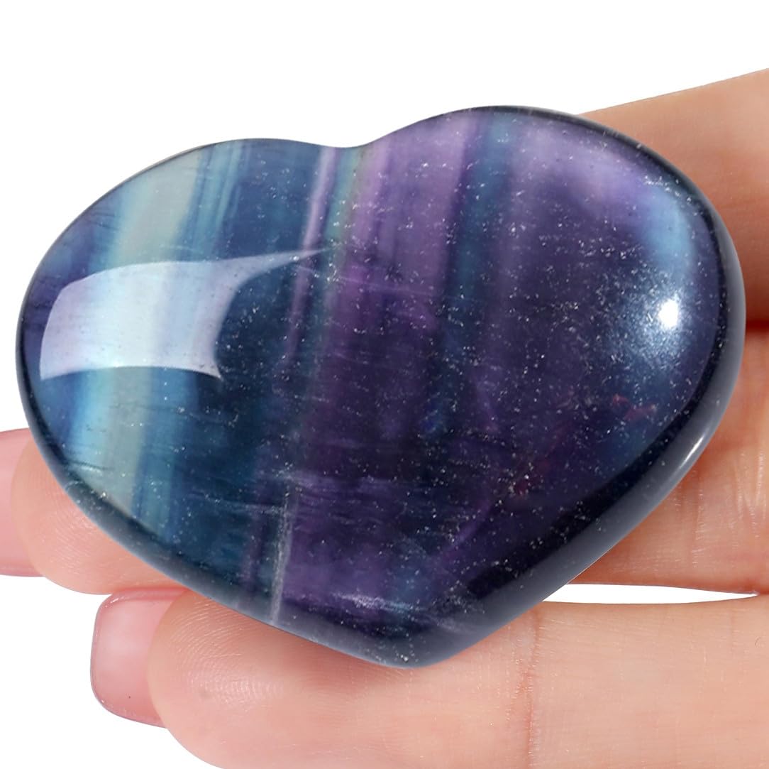 MAIBAOTA 45 mm Fluorite Crystals Large Heart Stone Healing Crystals Gifts for Women Natural Reiki Gemstone Polished Heart Shaped Rocks Meditation