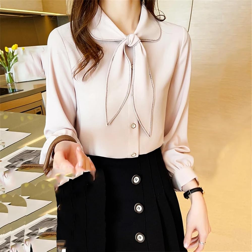 トップス Herlipto Two-Way Bow-Tie Chiffon Blouse Fashion Ruffles Bow Collar Pink Chiffon Blouse Shirt Women
