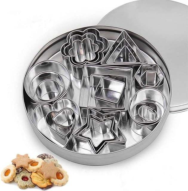 Cookie Cutters Set 24pcs Pastry Cutter Stainless Steel Biscuit Cookie Cutters Molds Geometric Shapes Heart Star Circle Flower Shaped Mould Cutters with Tinplate box for DIY Baking