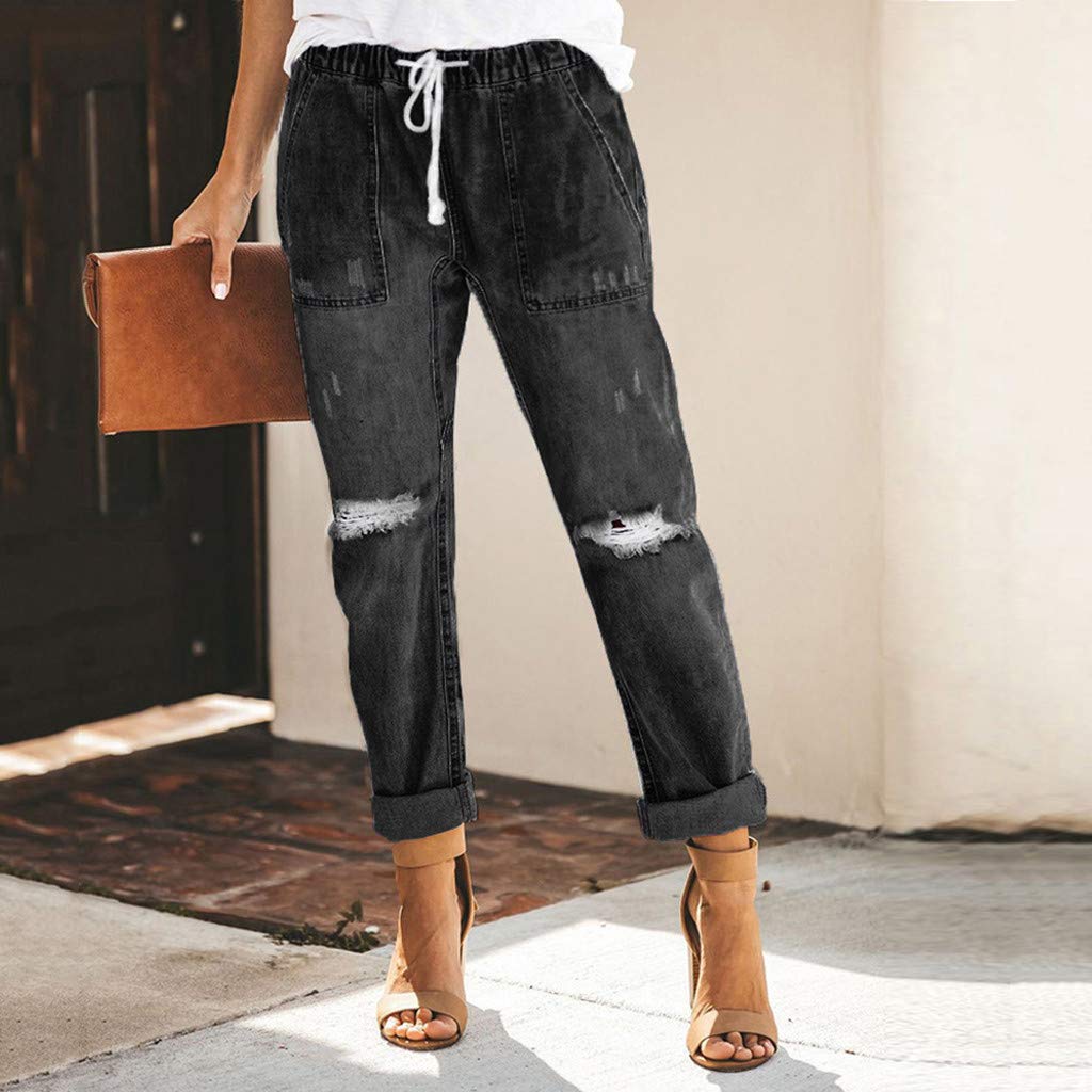 Jeans da donna strappati boyfriend elasticizzati con coulisse pull on comodi pantaloni da jogging in denim premaman classici lavati invecchiati Destoryed Denim Pantaloni casual arrotolabili in carta