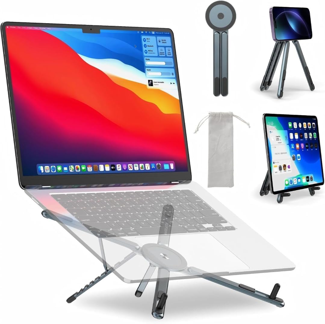 Magnetic Phone Stand, Foldable Magnetic Laptop Stand with Adjustable Tablet Stand, Portable Phone Tripod & Selfie Stick, Aluminum Alloy Multi Device Holder for iPhone, Android Smartphones, Desk-image-42