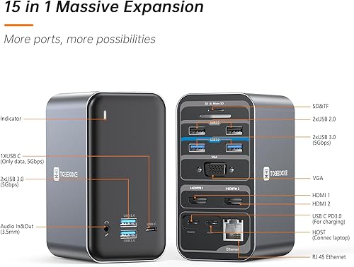 Miniatura 7 de TobenONE Estación de acoplamiento USB C con cargador GaN de 100 W, estación de acoplamiento HDMI dual para laptop con 7 USB, SDTF, Ethernet y