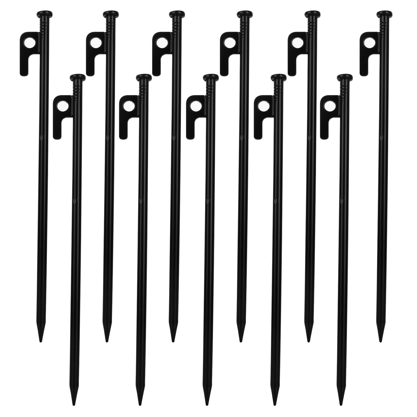 YAYODS 24 Stück Zeltheringe aus Metall, strapazierfähig, 30,5 cm, schwarz, Bodenanker mit Haken und Loch, hochfester, geschmiedeter Stahl, Camping-Zeltheringe für harte Böden, Outdoor, Reisen, Wandern