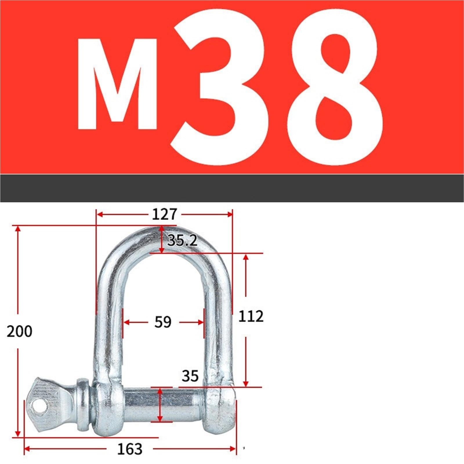 Grillete de anillo en D M6-M50, grilletes de elevación galvanizados de alta resistencia de acero al carbono for remolque, lona y amarre de barcos(M38/6.0t-1pc Galvanized)