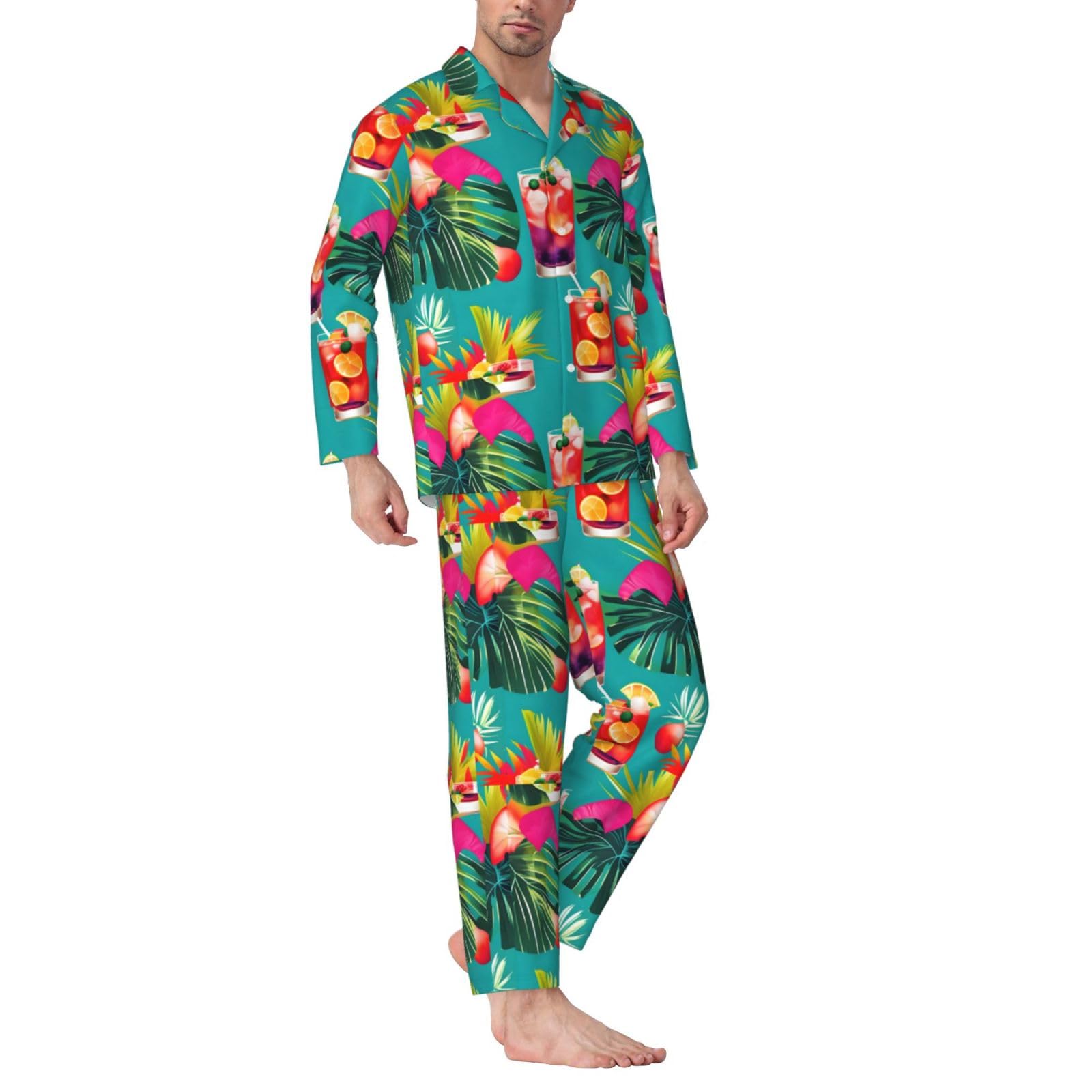 Cocktail tropicali Stampa Uomo Manica Lunga Pigiama Set Due Pezzi Home Wear Confortevole Sleepwear Nightwear