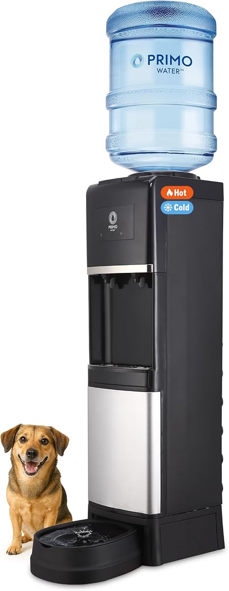 Primo Dispensador de agua para botella de 5 galones con estación de bebida para mascotas - Máquina enfriadora de agua de carga superior fría y caliente