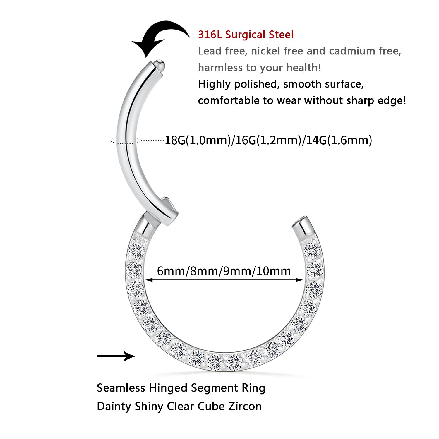 AROWRO 18G 16G 14G Nose Hoop Ring Septum Clicker Earrings CZ Opal Cartilage Conch Helix Tragus Hoop Earrings Daith Piercing Jewelry 316L Surgical Steel — view 6