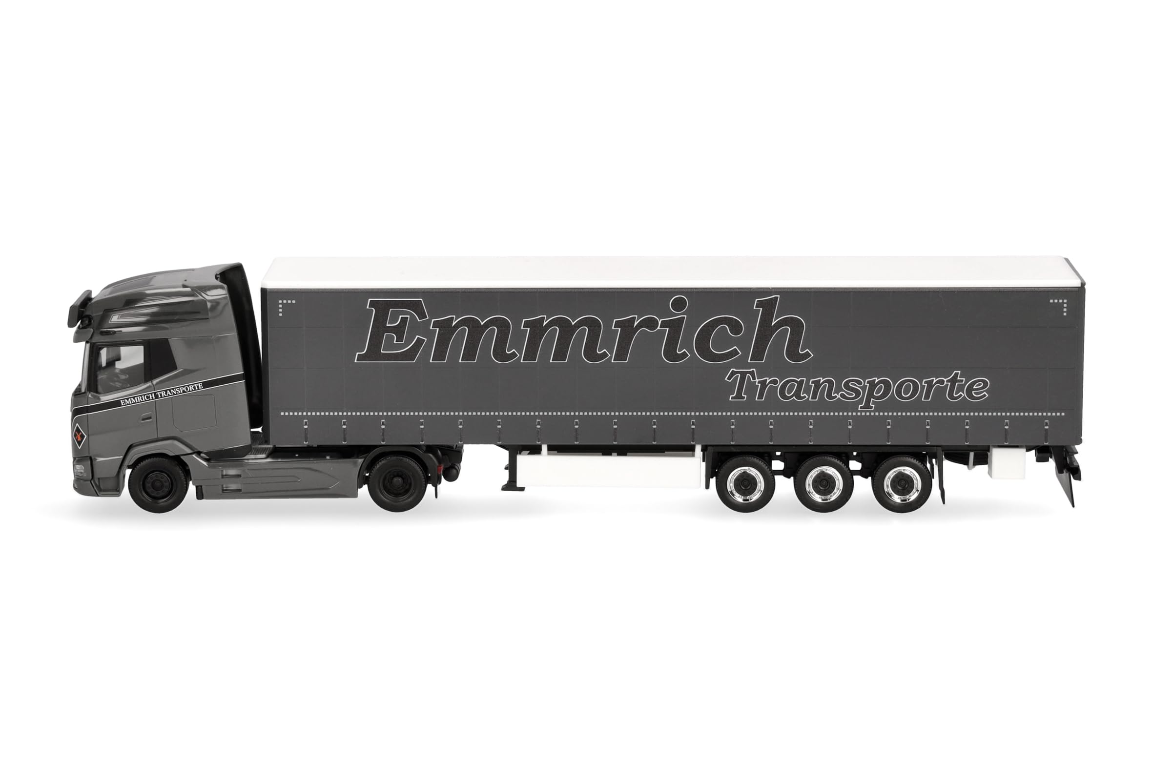 Herpa model ciężarówki DAF XG+ zestaw z naczepą kurtynową „Emmrich Transporte”, miniatura w skali 1:87, model kolekcjonerski, Made in Germany, tworzywo sztuczne