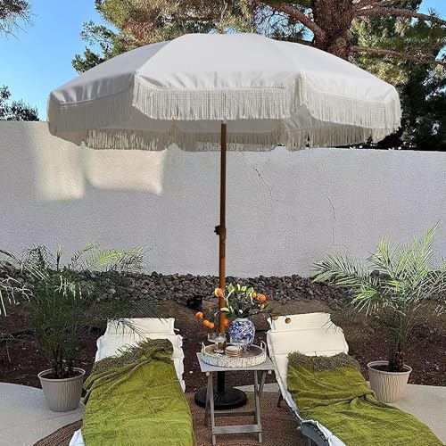 AMMSUN 7ft Patio Umbrella with Fringe, Easy to Set Up, Push Button Tilt, UV 50+ Protection, Outdoor Umbrella with Tassels for Backyard, Pool, Garden, Beach Party, White Cream image 4