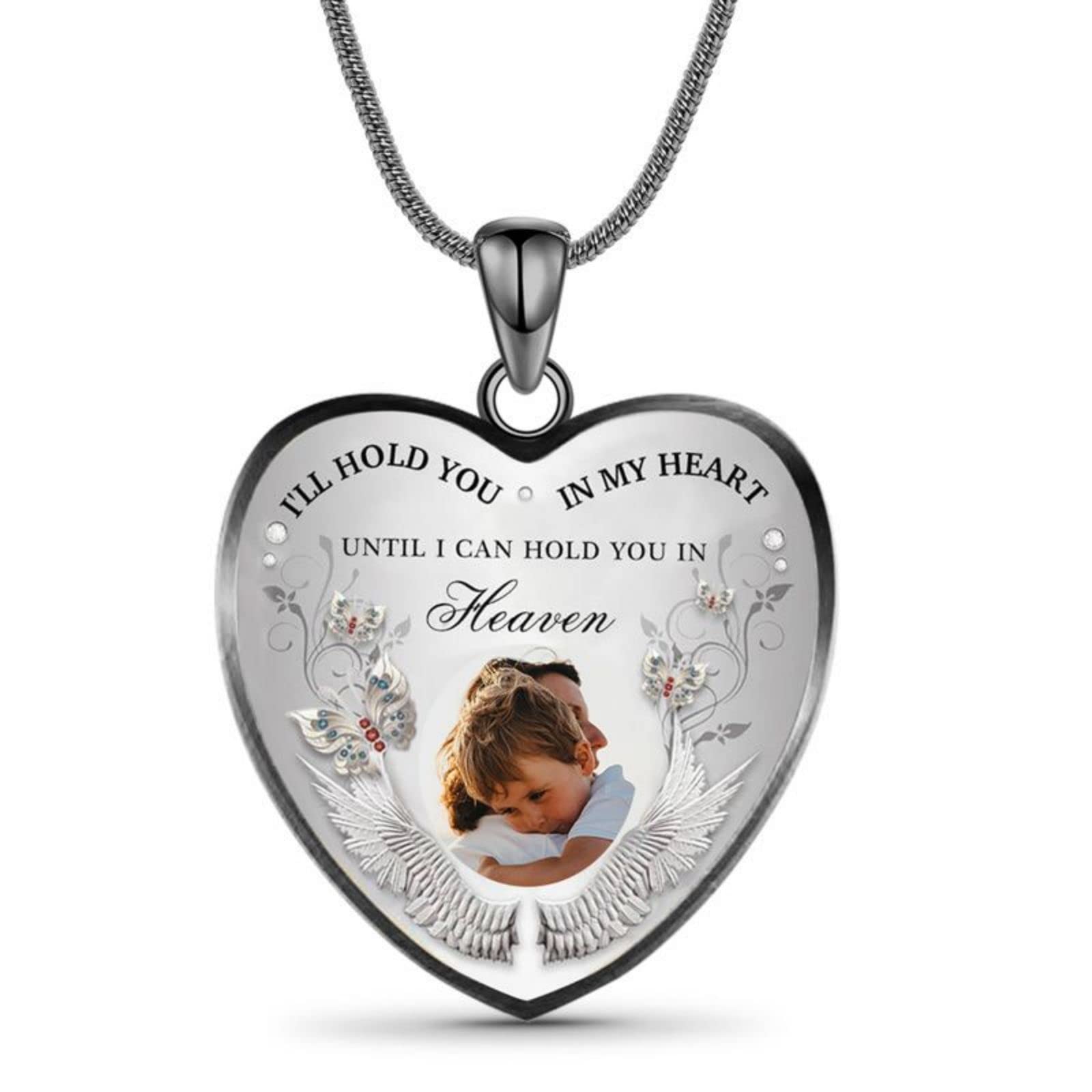 Drawelry Personalized Photo Memorial Necklace Customized Picture Pendant With Angel Wings Sterling Silver for Women Men I Will Carry You with Me Heart