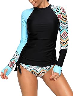 Women 2 Piece Rash Guard Long Sleeve UV UPF 50+ Swim Shirt Built in Bra Surfing Swimsuits with Bottom