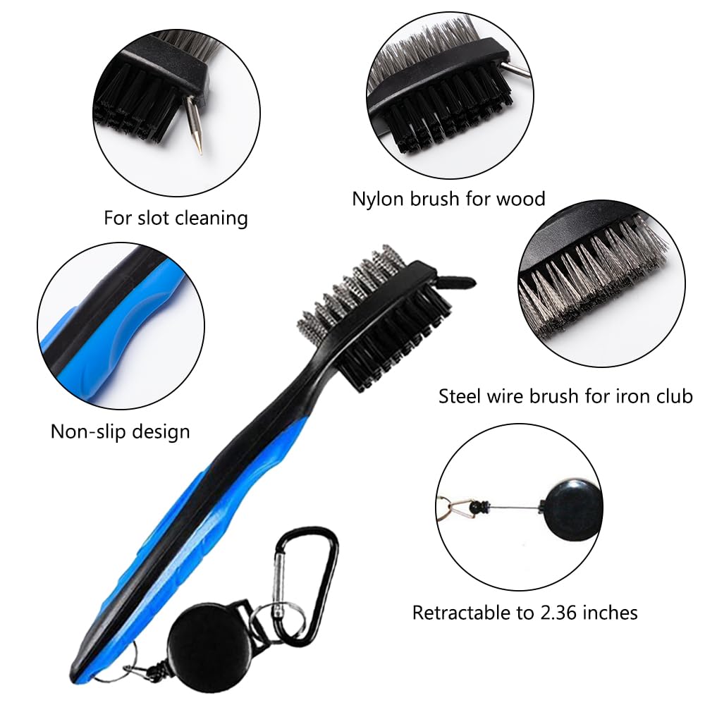 3 Piezas Herramientas de Limpieza de Golf Cepillo para Palos de Golf con Mosquetón Retráctil Afilador de Ranura para Golf Limpiador de Cepillos de Palos para Palos de Golf Fácil de Usar
