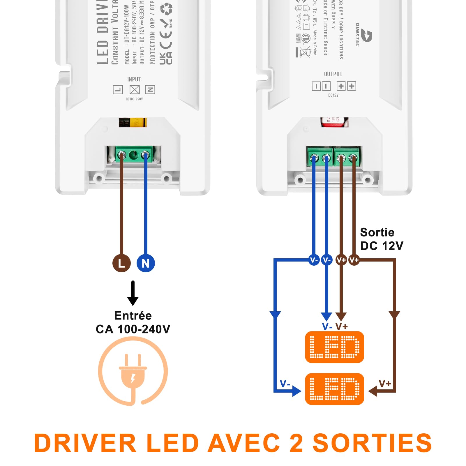 DUSKTEC Alimentation LED 12V 100W, Transformateur 220V 12v Extra Plat, Slim Transfo DC pour Ruban, Driver Power Supply pour Basse Tension Bande Ampoule G4 Spot GU5.3 MR16
