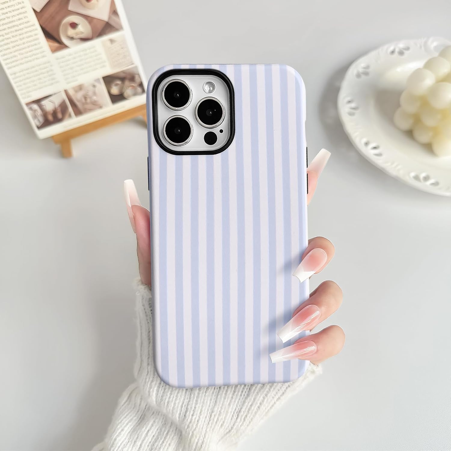 NITITOP Compatible with iPhone 13 Pro Case Matte Cute Vertical Stripes for Women Girls Men Boy Striped Pattern Hybrid 2 Layers Back Shockproof Protective Cover - Light Blue - Image 4