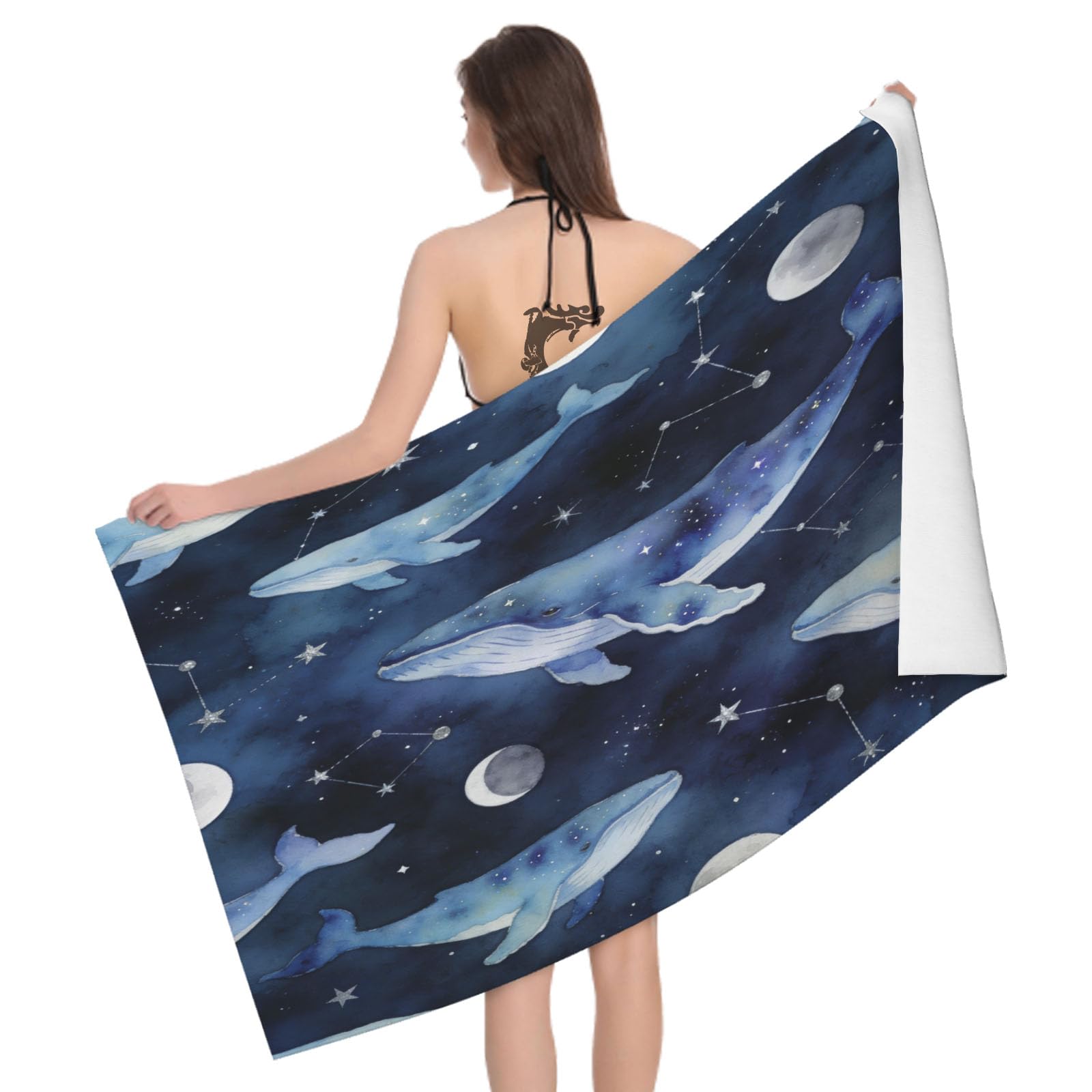 Leichong 3D Watercolor Whale Beach Towel Large Microfiber Soft Quick Dry for Adults, Constellation Theme Bath Towel Lightweight Soft Absorbent for Travel Swimming Pool Sports, 180 x 90 cm