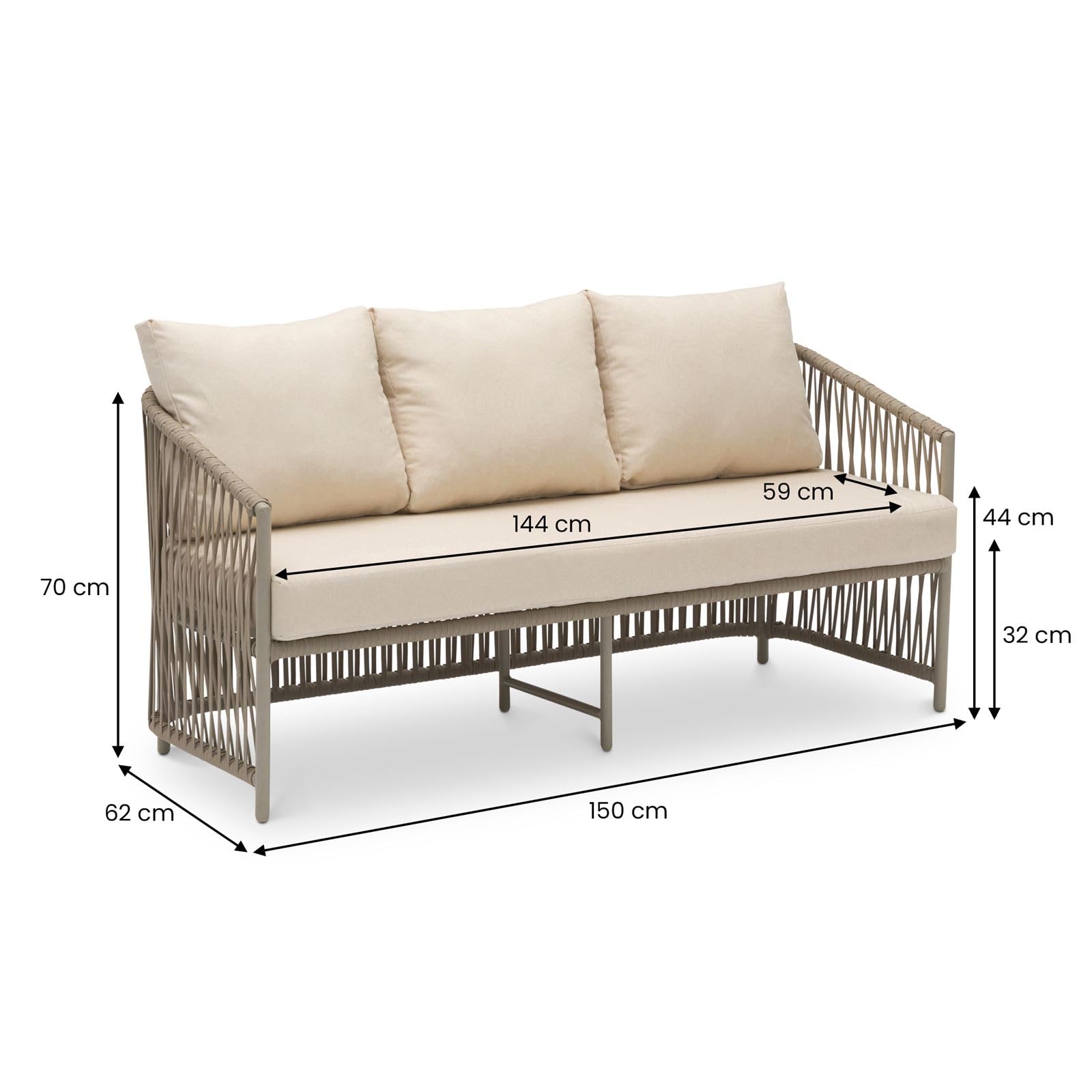 IDIMEX Outdoor Sofa Set KULO 4-teilig, Champagne – Lounge-Set aus Aluminium mit Rope-Bespannung, Couchtisch mit Glasplatte, inklusive 5 bequemer Kissen, wetterfest für Balkon Terrasse Garten
