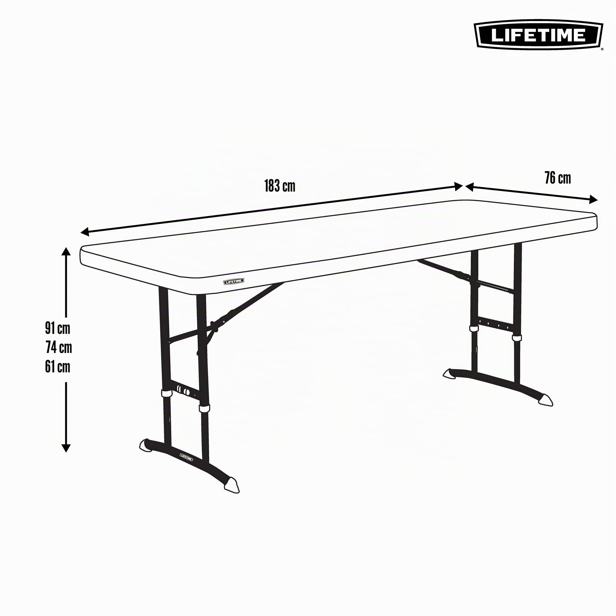 Lifetime 92123 – Ultra-robuster, quadratischer, tragbarer, zusammenklappbarer Catering-Tisch | Maße 183 x 76 cm, höhenverstellbar | Gewicht 15 kg, langlebig und widerstandsfähig | Kapazität 6 Personen