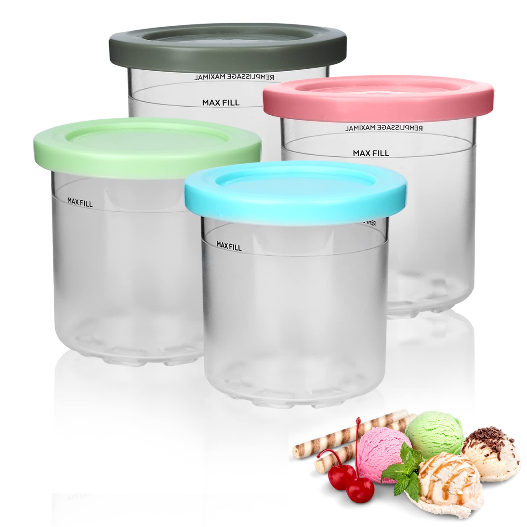 For Ninja Creami Pints and Lids - 4 Pack, Compatible with Ninja NC301, NC300, NC299AMZ Series Ice Cream Makers, 16 OZ for Ninja Creami Containers Dishwasher Safe (Blue Green Pink Grey)