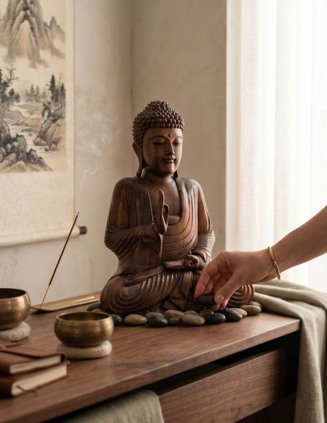 Statua di Buddha seduto in legno massello scolpito a mano 30 cm