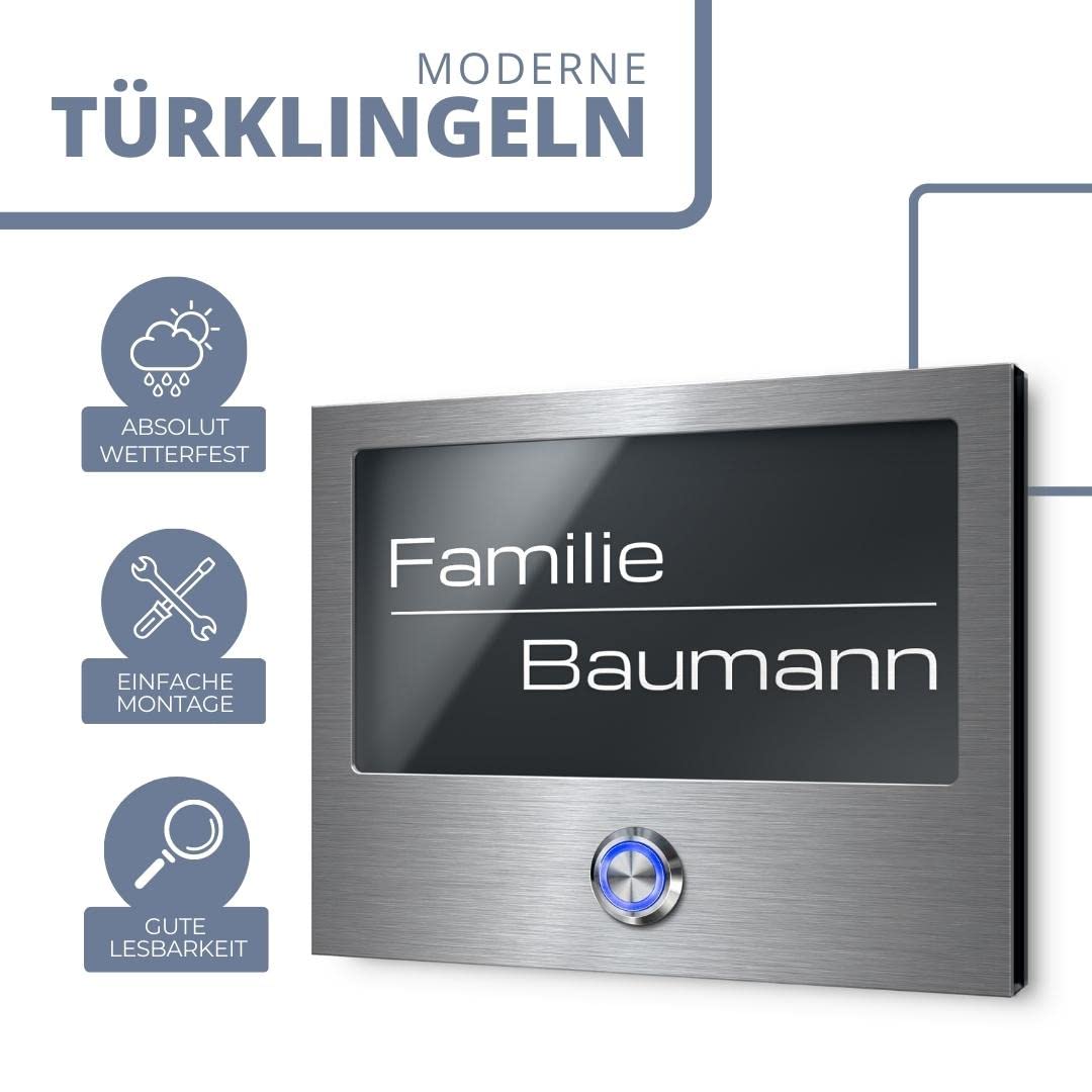 Edle Türklingel mit Gravur und LED-Klingelknopf und über 99 Motive personalisierbar 15x12 cm | Modell: Baumann-As | gravierte Klingel aus Hochglanz Acrylglas und Edelstahl Klingelschild Klingelplatte
