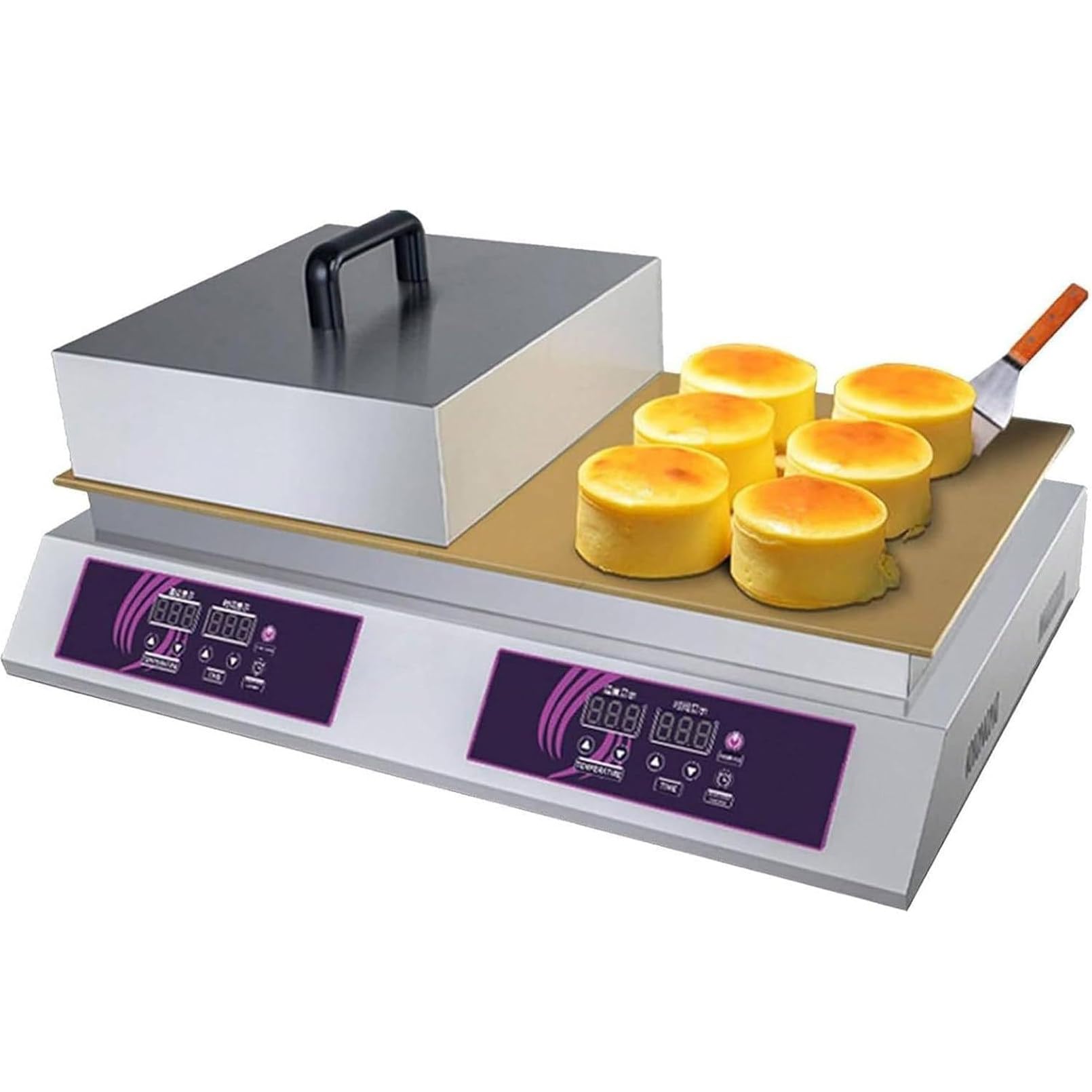 Macchina Professionale per soufflé, elettrica da banco preparare dorayaki Doublehead | con piastra riscaldante antiaderente in rame, controllo digitale della temperatura coperchio acciaio inox
