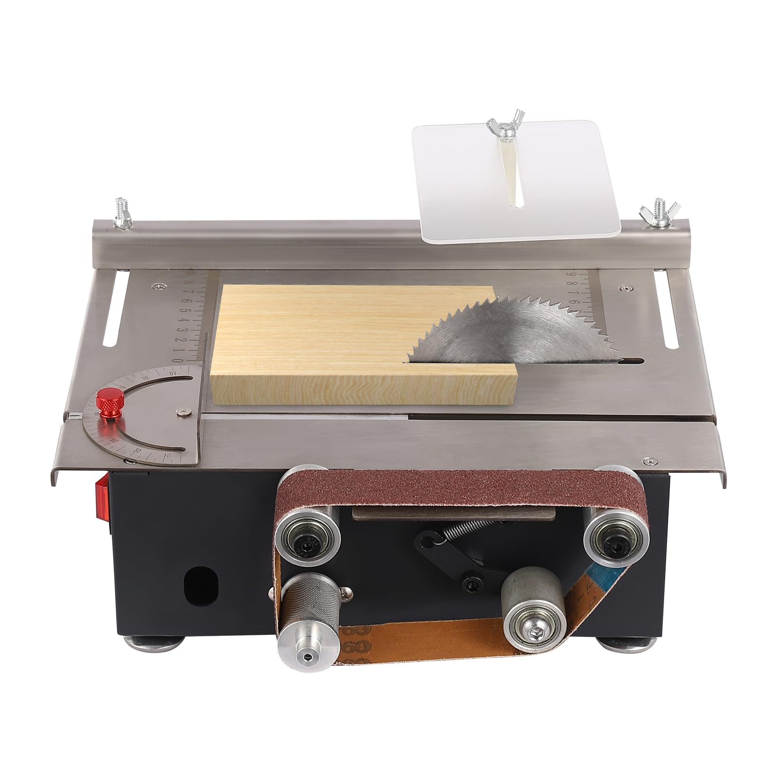 Mini-tafelcirkelzaag, compacte cirkelzaag met bandschuurmachine, 200 W, multifunctioneel, draagbaar, doe-het-zelf, miniatuurzaag met 4 messen, zaagdiepte 0,1-30 mm voor