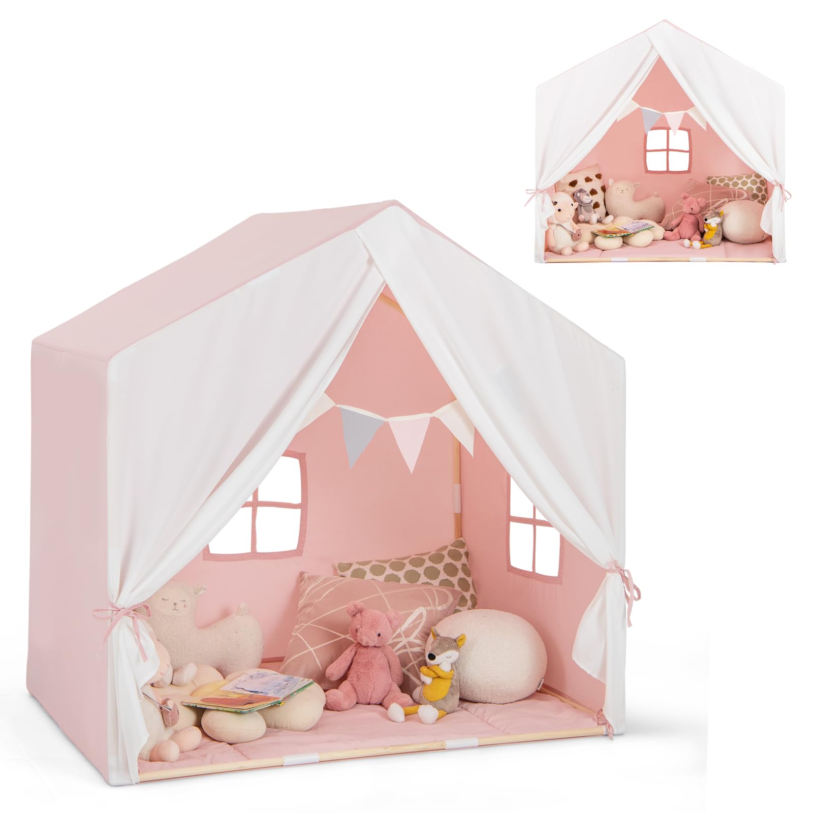 HOMASIS Kinderzelt Indoor, Spielzelt mit Matte, Vorhang, Flaggen, Spielhaus aus Holzrahmen, Bettzelt Prinzessin Zelt für Mädchen & Jungen ab 3 Jahren, Kinderspielhaus für Kinderzimmer (Rosa)