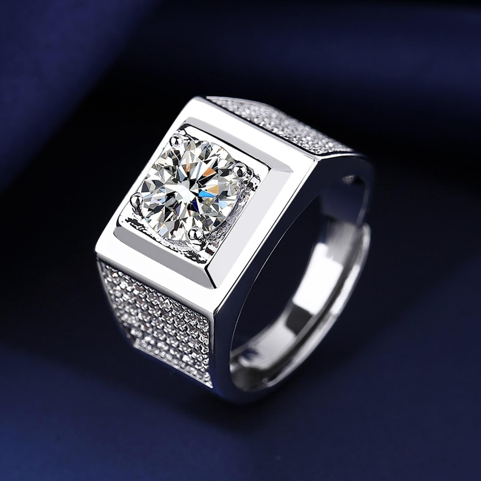 Anillo de oro blanco de 18 quilates para hombre, elegante anillo ancho de moissanita de 4 puntas, anillo de compromiso para hombre, talla 7-14