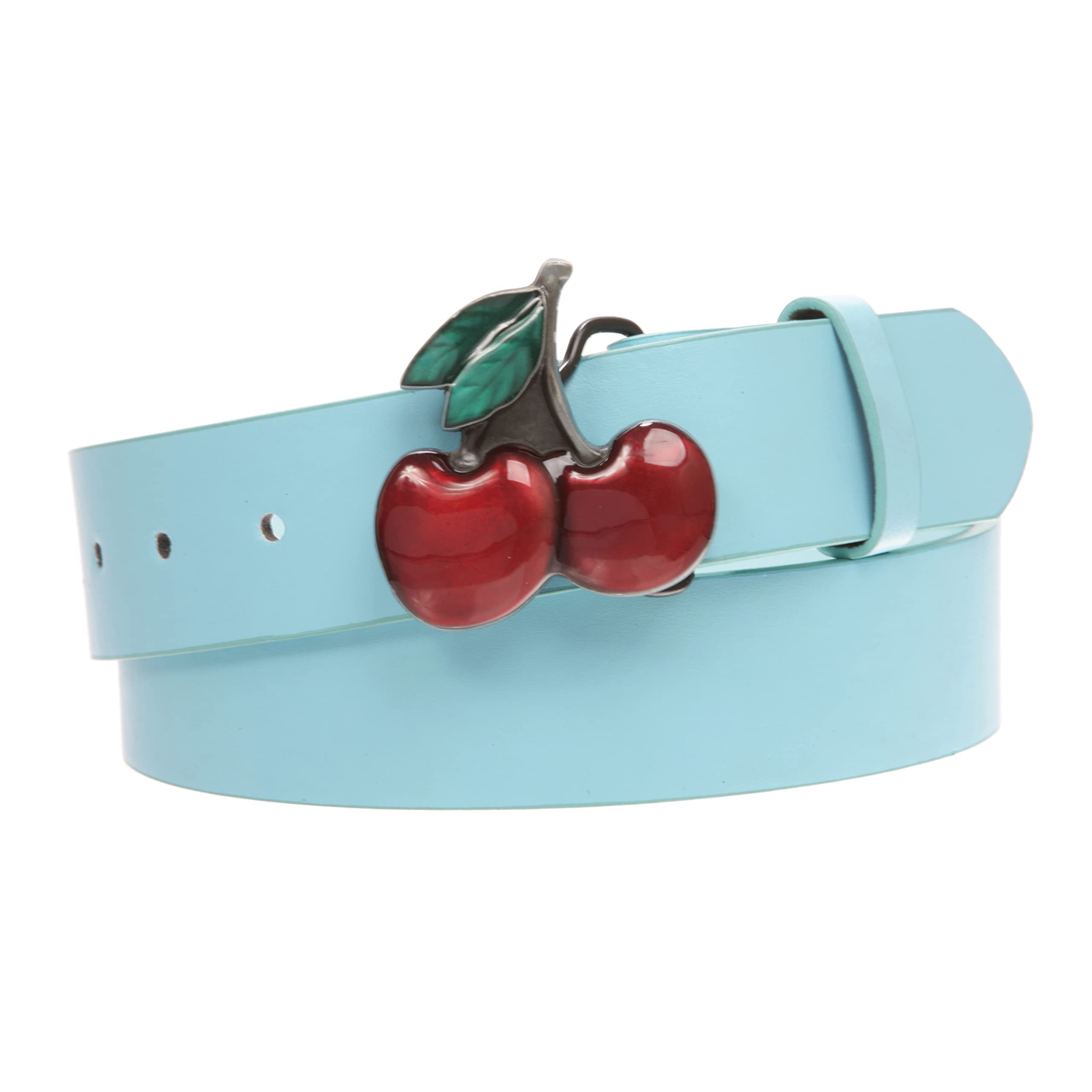 Women's Casual Jean Belt with Enameled Red Cherry Fruit Western Buckle, Light Blue | m