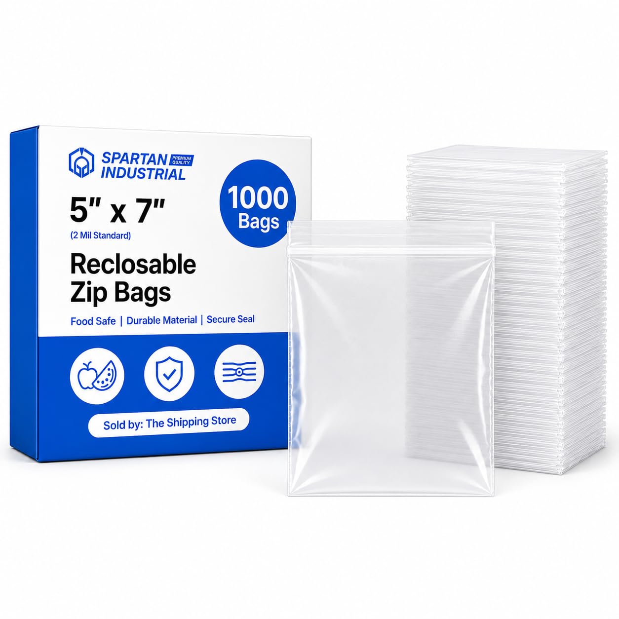 Spartan Industrial - 12.5 x 17.5 cm (5 x 7 in) 1000 Count 51 µm (2 Mil) Clear Reclosable Zip Plastic Poly Bags With Resealable Lock Grip Seal