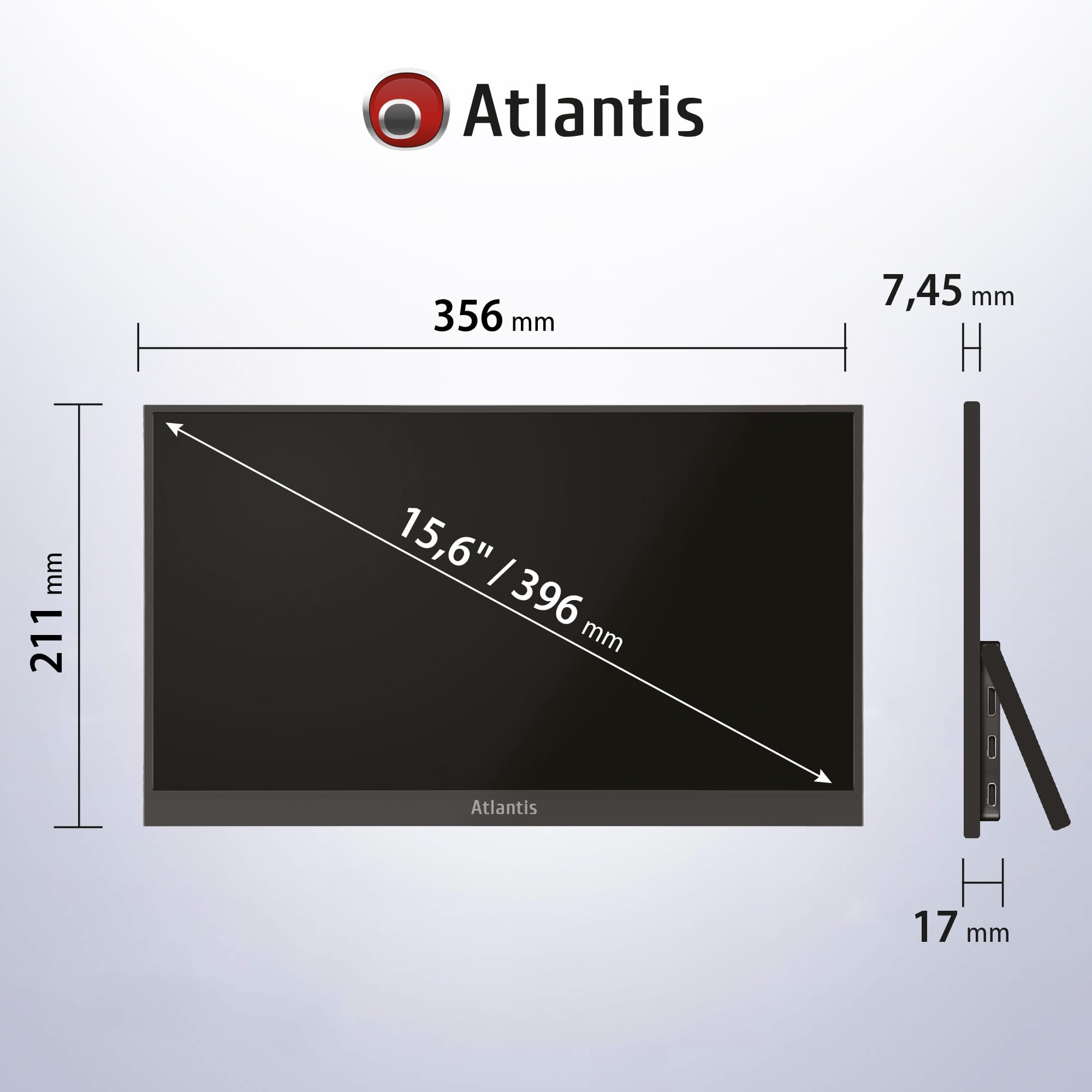 Atlantis Monitor Portatile 16” IPS Full HD, HDMI/USB-C, sotto 1 kg | Speaker 2x1W, inclinazione regolabile, per notebook, console e Switch, cavi inclusi, cod. A05-P156WP