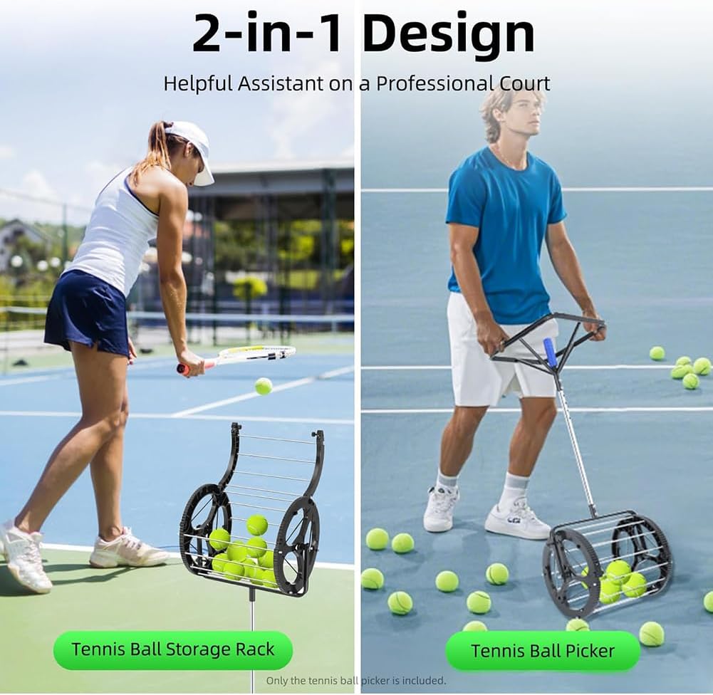 Tennis Ball Hopper for Balls Automatic Tennis Ball Pickup Picker 80 Balls Capacity Height Adjustable Rolling Collector Basket for Picking and Storage BallsBlack,1