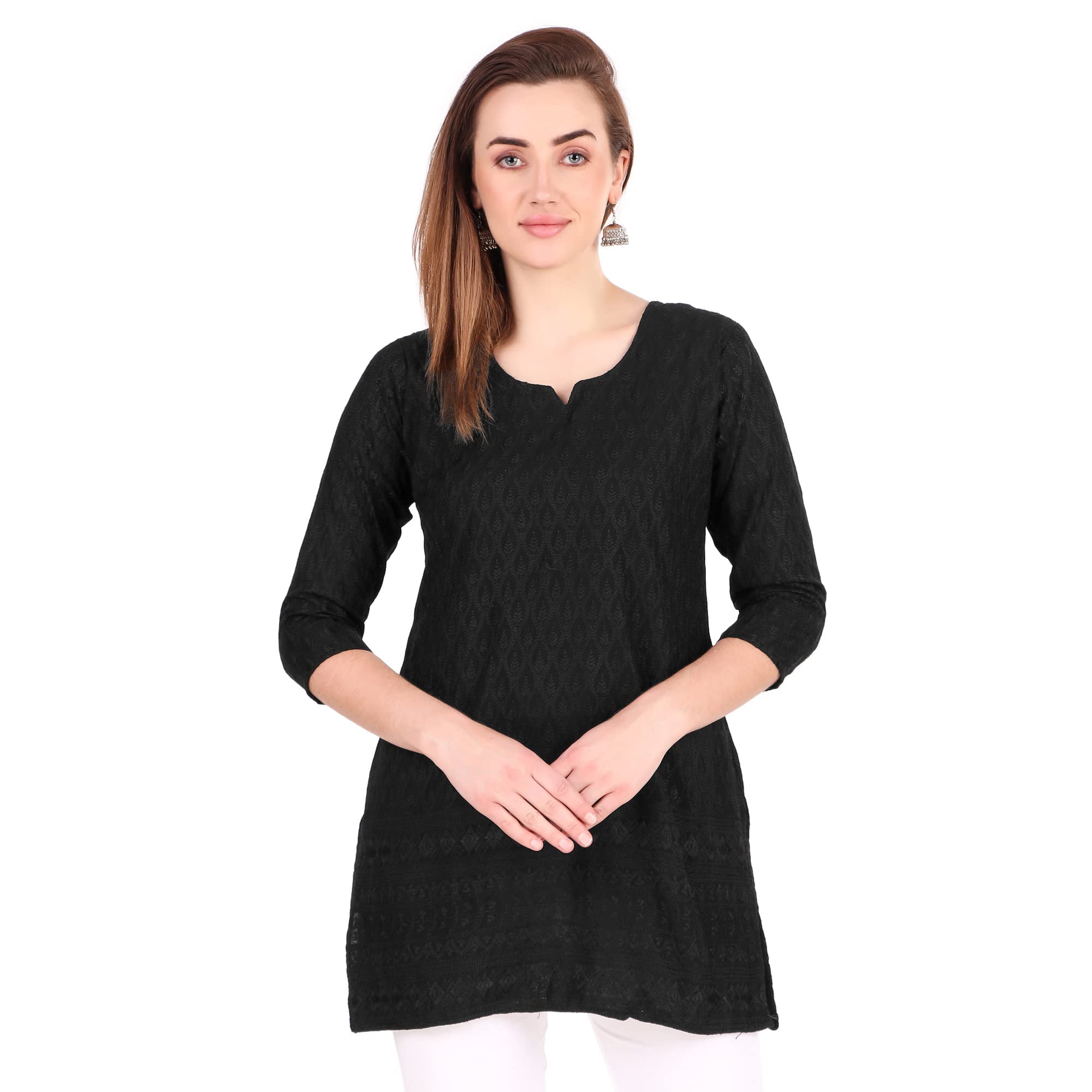 LadylineWomen's Rayon Chikankari Embroidered Tunic Top | Schiffli Embroidery Chikan Work Blouse | Short Kurti Kurta