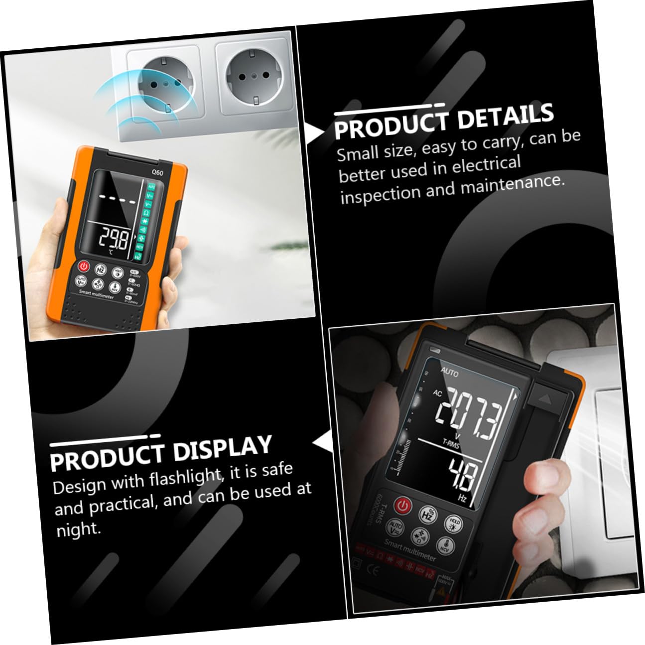 Gadpiparty Q60 Digital Multimeter Portable Auto-ranging Electrical Tester with Ncv Detection, True Effective Value, Backlight Display, Continuity Buzzer, Data Hold, and Flashlight for Home